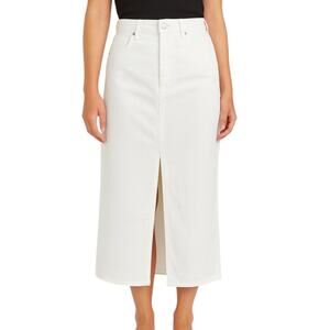 MNG Mango White High Waist Front Slit Midi Denim Straight Pencil Skirt Size L